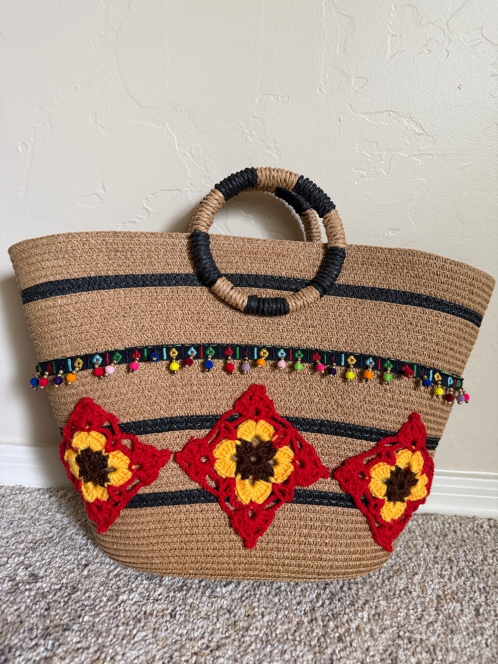 Boho Crochet Floral Straw Tote in Red and Tan